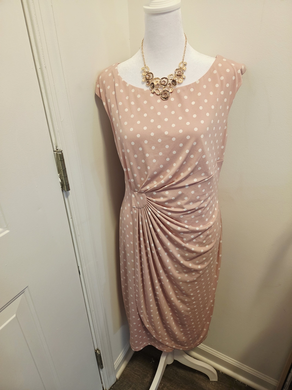 connected apparel Blush Polka Dot Side-Ruched Midi Dress